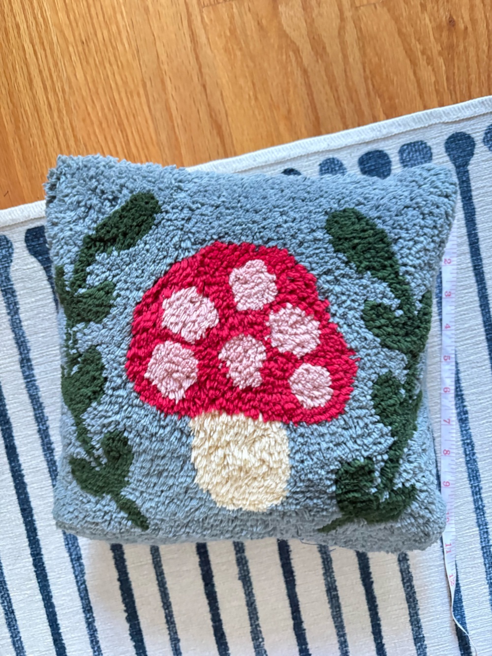 NATURAL LIFE Blue Tufted Pillow with Pink Mushroom Motif